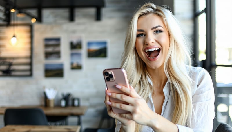 Show A Pretty Blonde Female Entrepreneur Who Is Thrilled With Seeing Her Posts Shared Across Every Major Social Media Platform With A Simple Post From Her IPhone – AI expert, The Sales Whisperer®, Wes Schaeffer