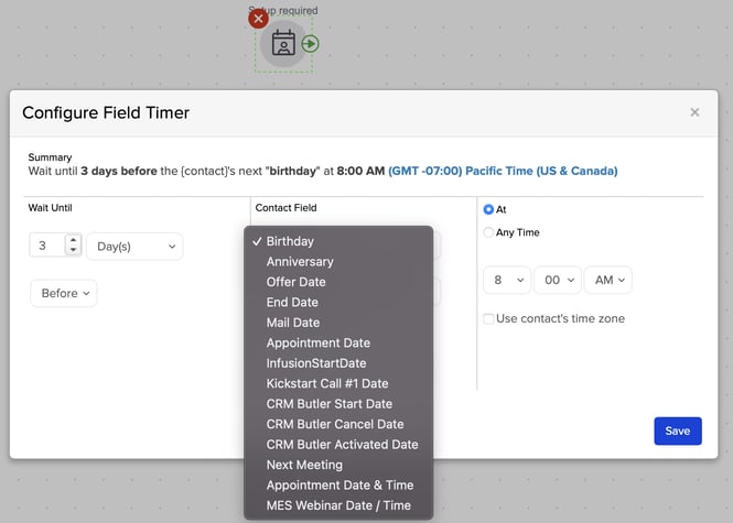 Keap Configure Field Timer