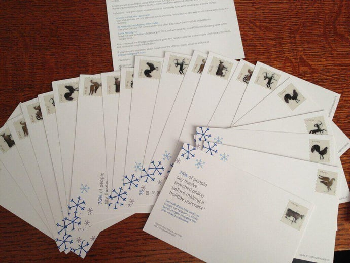 Google Engage direct mail package incudes 20 pre-stamped postcards.