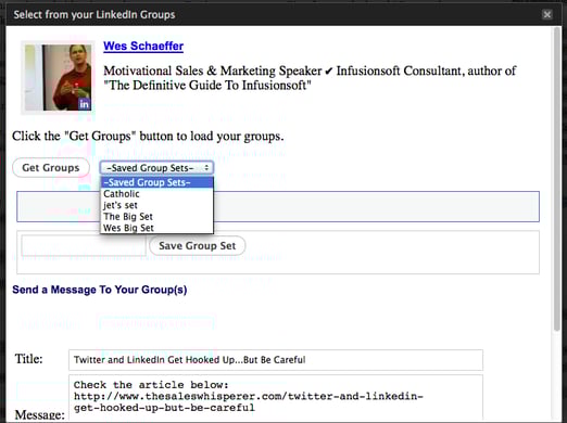 The LinkedIn Fast Send Wordpress Plugin lets you send to all of your LinkedIn Groups via group sets simultaneously.