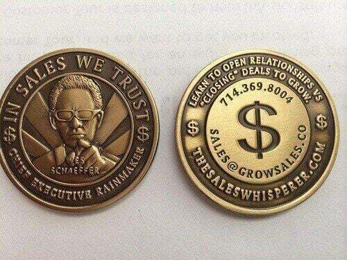 Open relationships sales challenge coin from Wes Schaeffer, The Sales Whisperer®.