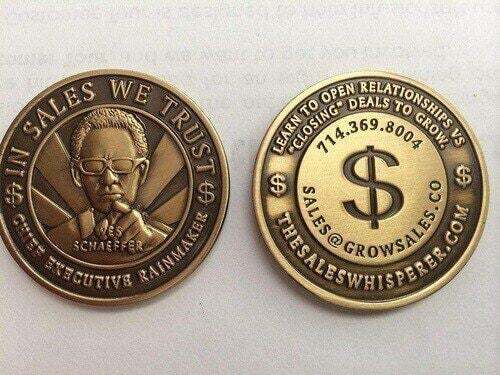 Open relationships sales challenge coin from Wes Schaeffer, The Sales Whisperer®.