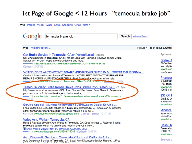 Old Town Tire and Service on 1st Page of Google for Temecula Brake Job.