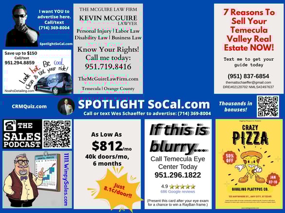 Giant postcard mailing front layout and pricing for the Temecula Valley created by Wes Schaeffer, The Business Fixer