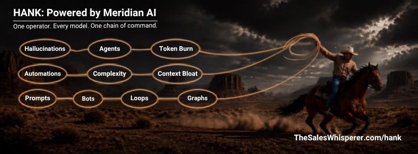 HANK, powered by Meridian AI: a cowboy lassoing hallucinations, agents, token burn, complexity, automations, context bloat, prompts, bots, loops, and graphs
