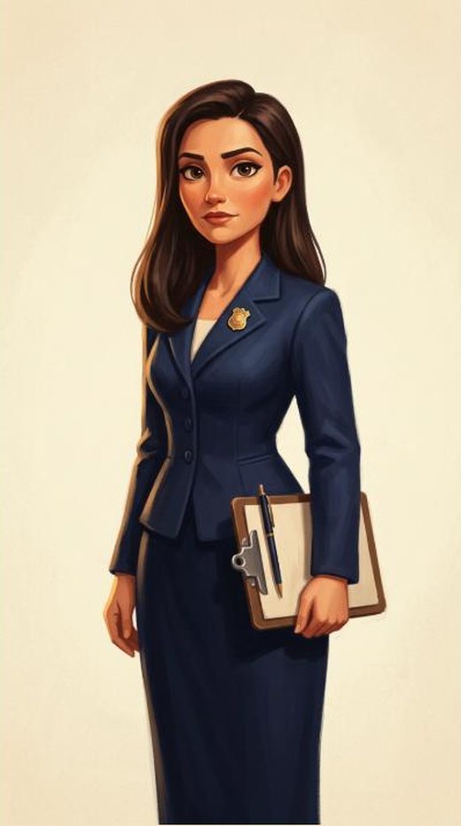 Meridian, the inspector general: a calm, professional woman with long dark hair, tailored 1930s attire, and a gold badge