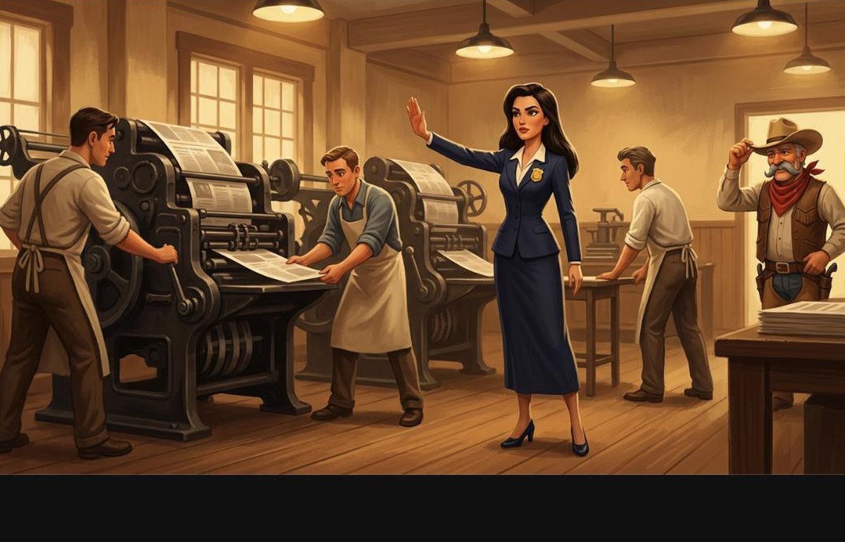 Meridian, hand raised, orders the pressroom crew to halt the line while HANK tips his hat in approval